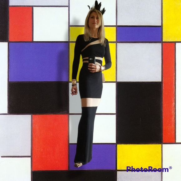 Peekaboo Dress! ABS Allen Schwartz Illusion Inset Maxi Long Black peek a boo - Picture 13 of 16